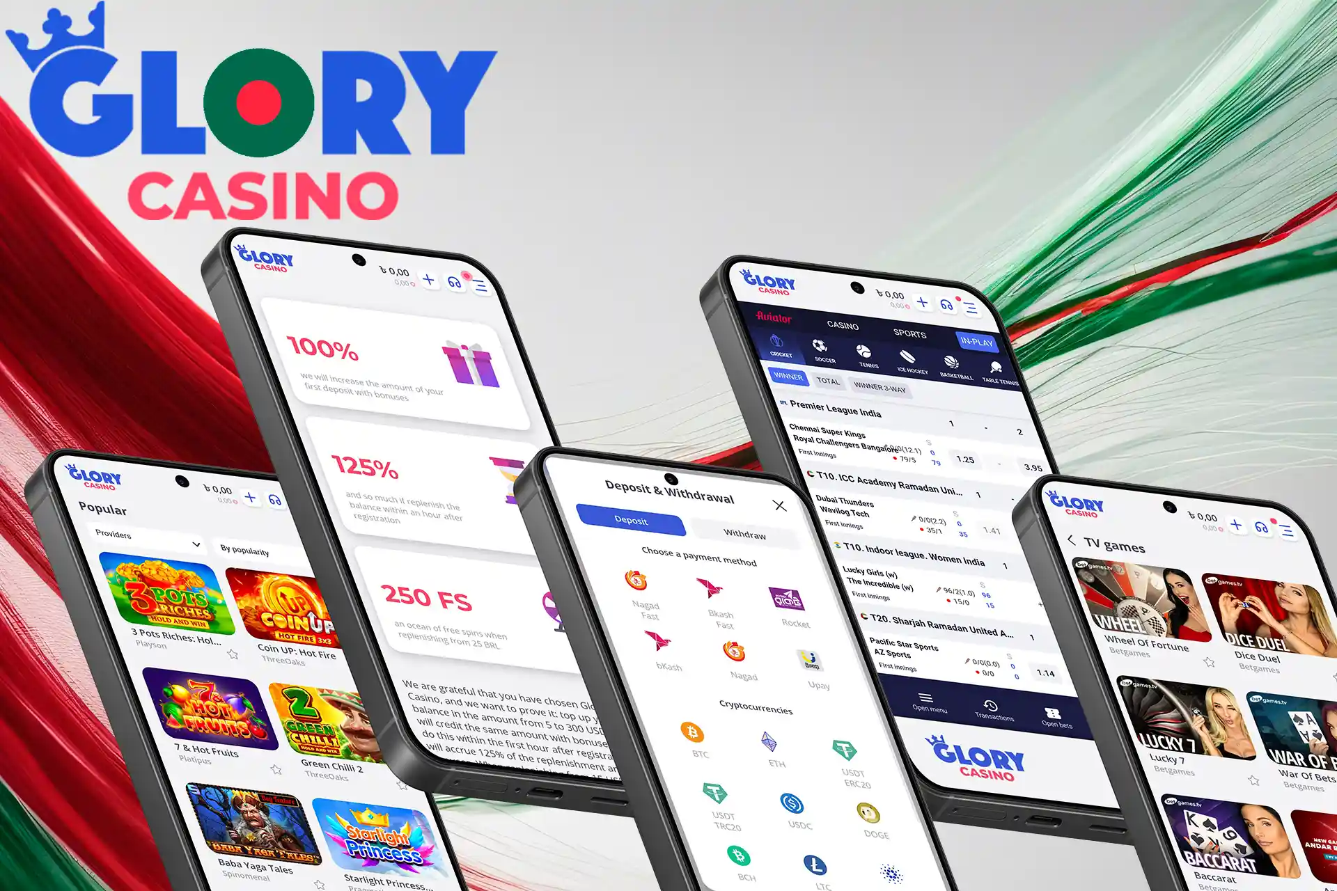Gambling, sports betting, bonuses, and more after registering at Glory Casino Bangladesh
