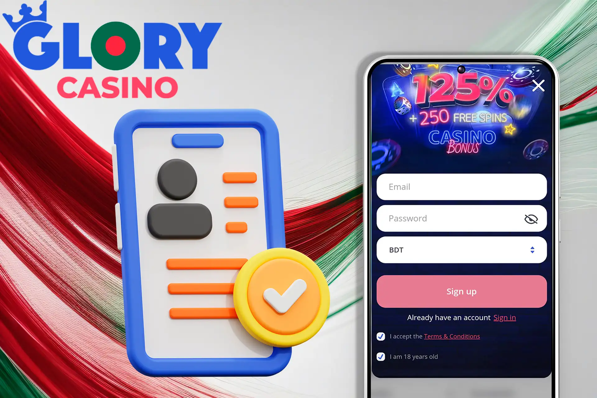 Register using the Glory Casino Bangladesh mobile application